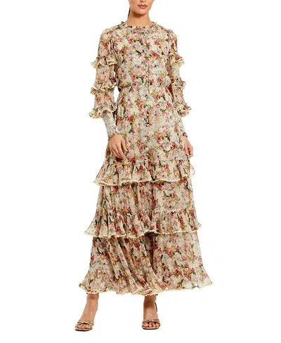 Mac Duggal Floral Viscose Long Sleeve Ruffle Midi Dress In Brown