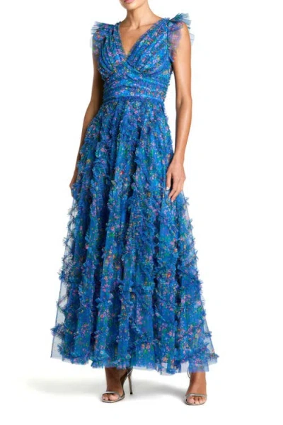 Mac Duggal Floral V-neck Ruffle Tiered Maxi Dress With Flutter Sleeves In Multi