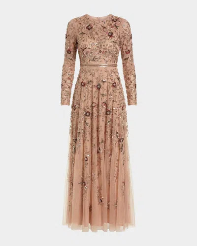 Mac Duggal Floral-embellished Mesh A-line Gown In Brown