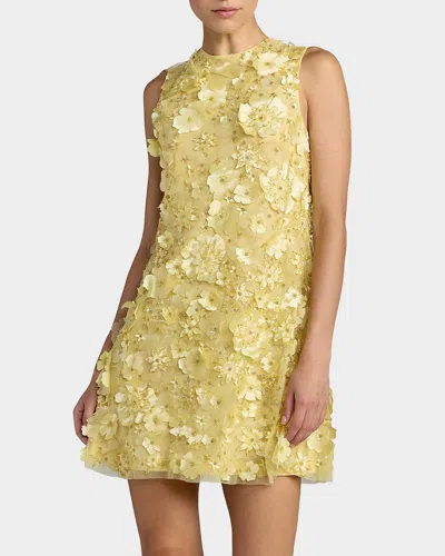 Mac Duggal Floral Beaded Mesh Sleeveless Trapeze Mini Dress In Yellow