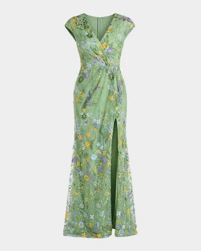 Mac Duggal Floral-embroidered Column Gown In Green
