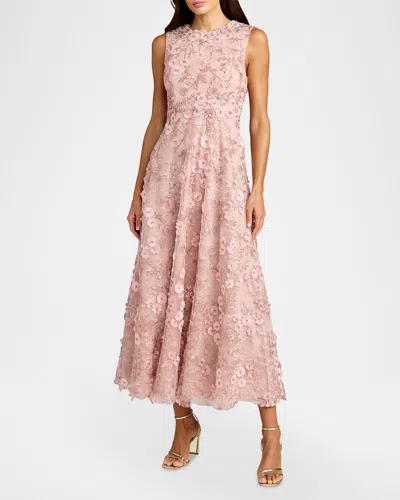 Mac Duggal Floral-embroidered Sleeveless Midi Dress In Brown