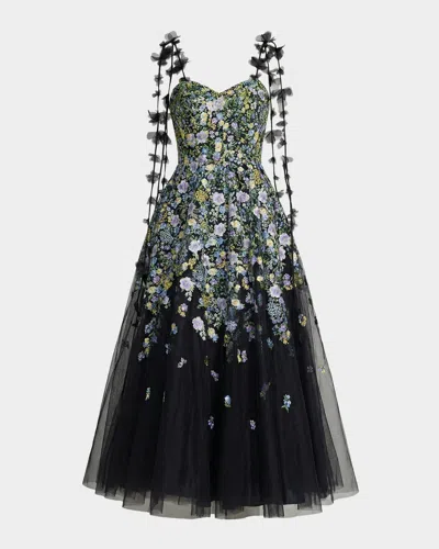 Mac Duggal Floral-embroidered Tassel Tulle A-line Cocktail Maxi Dress In Red