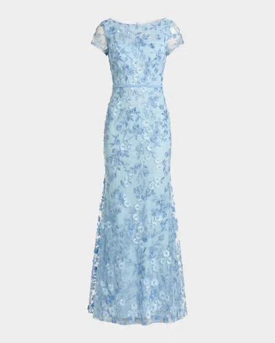 Mac Duggal Floral-embroidered Trumpet Gown In Blue