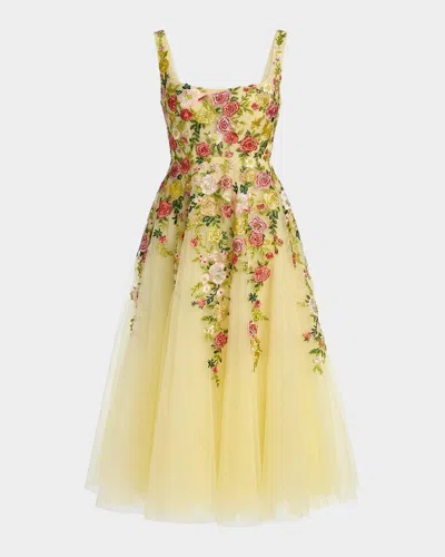 Mac Duggal Floral-embroidered Tulle A-line Midi Dress In Yellow