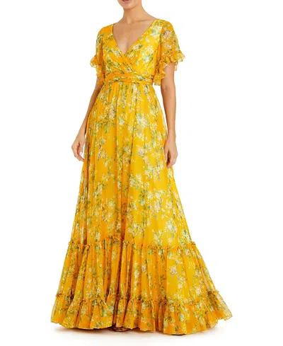 Mac Duggal Flounce Sleeve Floral Maxi Dress In Gold