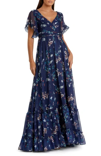 Mac Duggal Yellow Multicolor Flounce Sleeve Floral Maxi Dress In Blue