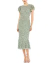 Mac Duggal Beaded Ruffle Sleeve Midi Cocktail Dress In Green