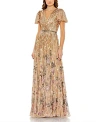Mac Duggal Sequin Floral Flutter Sleeve Gown In Copper