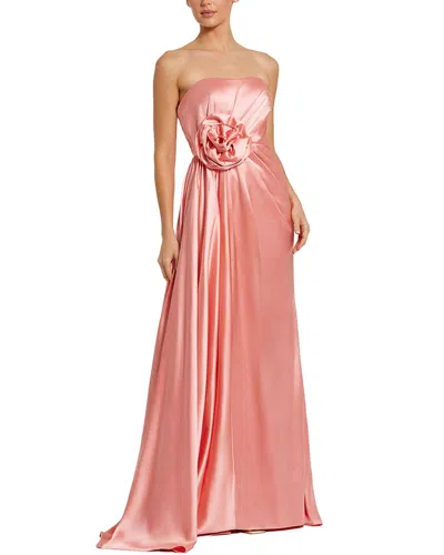 Mac Duggal Elegant Strapless Satin Gown With Dimensional Floral Accent In Pink
