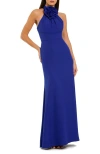Mac Duggal Flower Halter Neck Crepe Column Sleeveless Gown In Blue