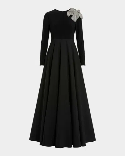 Mac Duggal Long Sleeve Taffeta Embellished 3d Flower Detail Ball Gown In Black