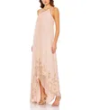 Mac Duggal Asymmetrical One Shoulder Beaded Hem Mesh Gown In Rose