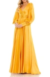 Mac Duggal Flowy Split Bishop Sleeve Faux Wrap Gown In Marigold