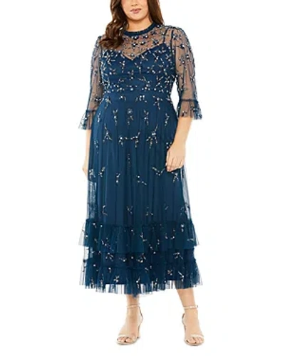 Mac Duggal Flutter Half Length Sleeve High Neck Embellished Dress In Ocean Blue