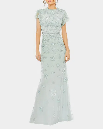 Mac Duggal Floral Embellished High Neck Flutter Sleeve Gown In Periwinkle