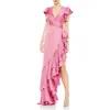 Mac Duggal Flutter Sleeve Cut Out Asymettical Ruffled Gown In Raspberry