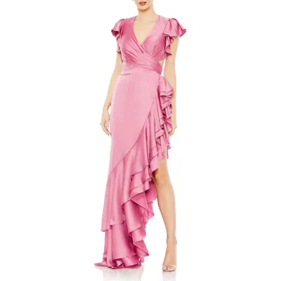 Mac Duggal Flutter Sleeve Cut Out Asymettical Ruffled Gown In Raspberry