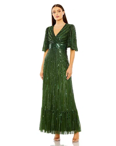 Mac Duggal Flutter Sleeve Deep V Ruffle Hem Sequin Gown In Emerald