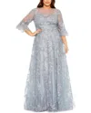 Mac Duggal Plus High Neck Flutter Sleeve Embellished A-line Gown In Blue