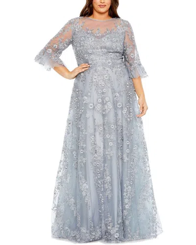 Mac Duggal Plus High Neck Flutter Sleeve Embellished A-line Gown In Blue