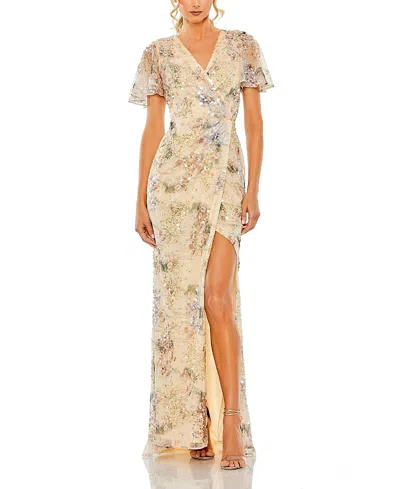 Mac Duggal Embellished Butterfly Sleeve Faux Wrap Gown In Yellow