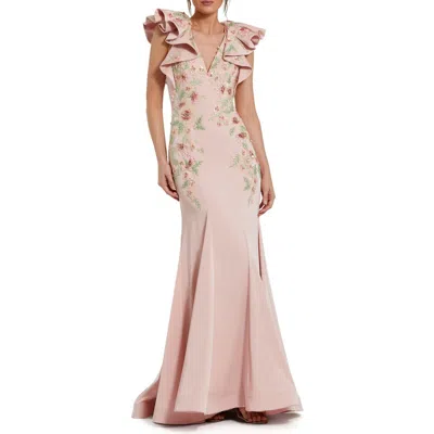 Mac Duggal Flutter Sleeve Embellished Mermaid Gown In Blush