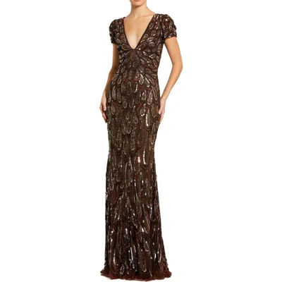 Mac Duggal Flutter Sleeve Faux Wrap V-neck Embellished Tea Length Dress In Brown
