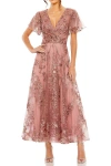 Mac Duggal Flutter Sleeve Faux Wrap V Neck Embellished Tea Length Dress In Pink