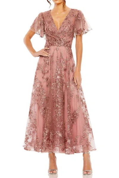 Mac Duggal Flutter Sleeve Faux Wrap V Neck Embellished Tea Length Dress In Pink