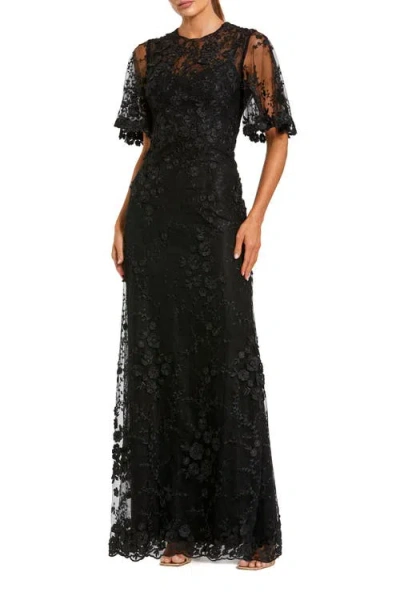Mac Duggal Flutter Sleeve Floral Emboridered Net Gown In Black