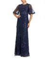 Mac Duggal Flutter Sleeve Floral Emboridered Net Gown In Blue
