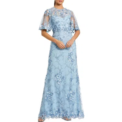 Mac Duggal Flutter Sleeve Floral Emboridered Net Gown In Blue