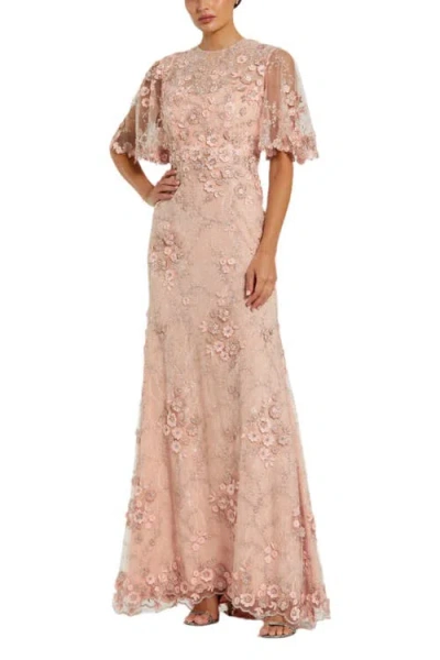 Mac Duggal Flutter Sleeve Floral Emboridered Net Gown In Rose
