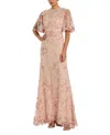 Mac Duggal Flutter Sleeve Floral Emboridered Net Gown In Rose