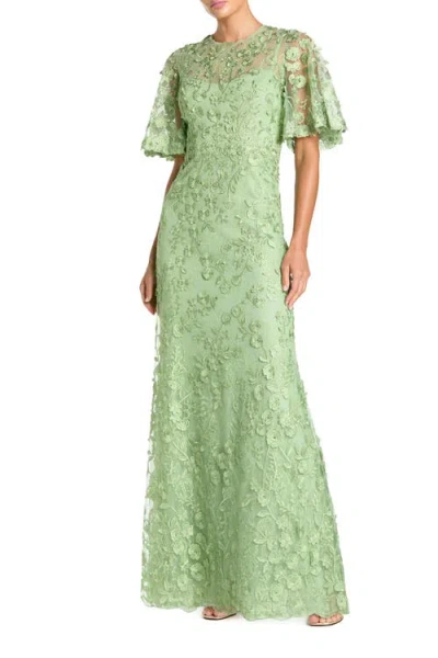 Mac Duggal Flutter Sleeve Floral Embroidered Net Gown In Green
