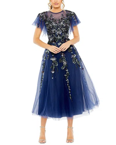 Mac Duggal Flutter Sleeve High Neck Embellished Floral Dress In Blue