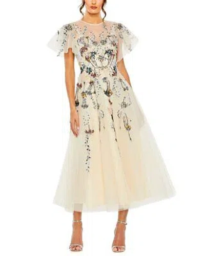 Pre-owned Mac Duggal Flutter Sleeve High Neck Embellished Floral Dress Women's 16 In Beige
