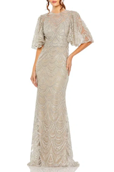 Mac Duggal Flutter Sleeve High Neck Gown In Neutral