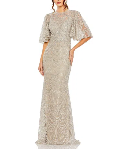 Mac Duggal Flutter Sleeve High Neck Gown In Taupe