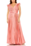 Mac Duggal Flutter Sleeve Pleated V-neck Gown In Coral