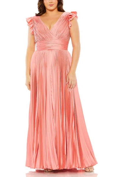 Mac Duggal Flutter Sleeve Pleated V-neck Gown In Coral