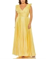 Mac Duggal Flutter Sleeve Pleated V-neck Plus Size Gown In Butter