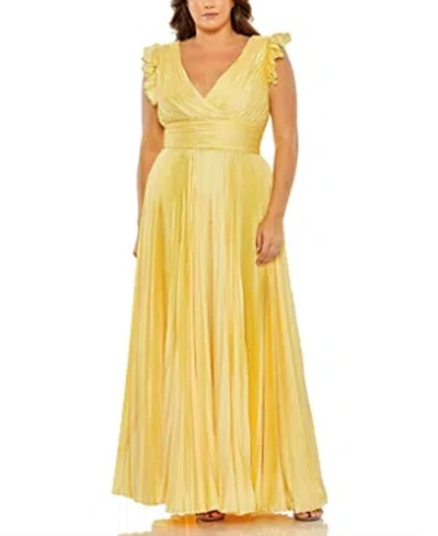 Mac Duggal Flutter Sleeve Pleated V-neck Plus Size Gown In Butter