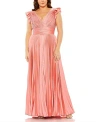 Mac Duggal Flutter Sleeve Pleated V-neck Plus Size Gown In Coral