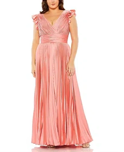 Mac Duggal Flutter Sleeve Pleated V-neck Plus Size Gown In Coral