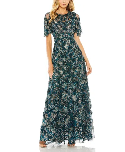 Mac Duggal Flutter Sleeve Ruffle Detail Dress In Teal Multi
