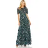 Mac Duggal Flutter Sleeve Ruffle Detail Dress In Teal Multi