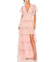 Mac Duggal Flutter Sleeve Ruffle Tiered Gown In Petal Pink
