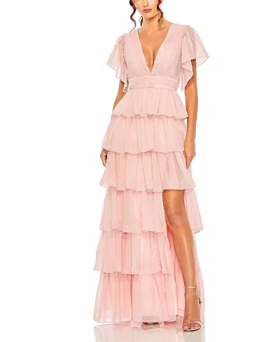 Mac Duggal Flutter Sleeve Ruffle Tiered Gown In Petal Pink